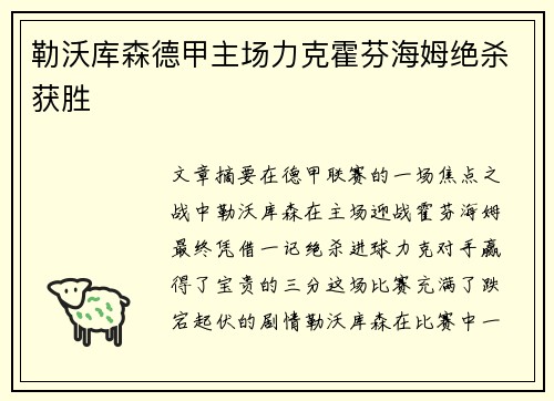 勒沃库森德甲主场力克霍芬海姆绝杀获胜