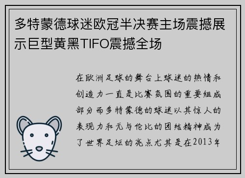 多特蒙德球迷欧冠半决赛主场震撼展示巨型黄黑TIFO震撼全场
